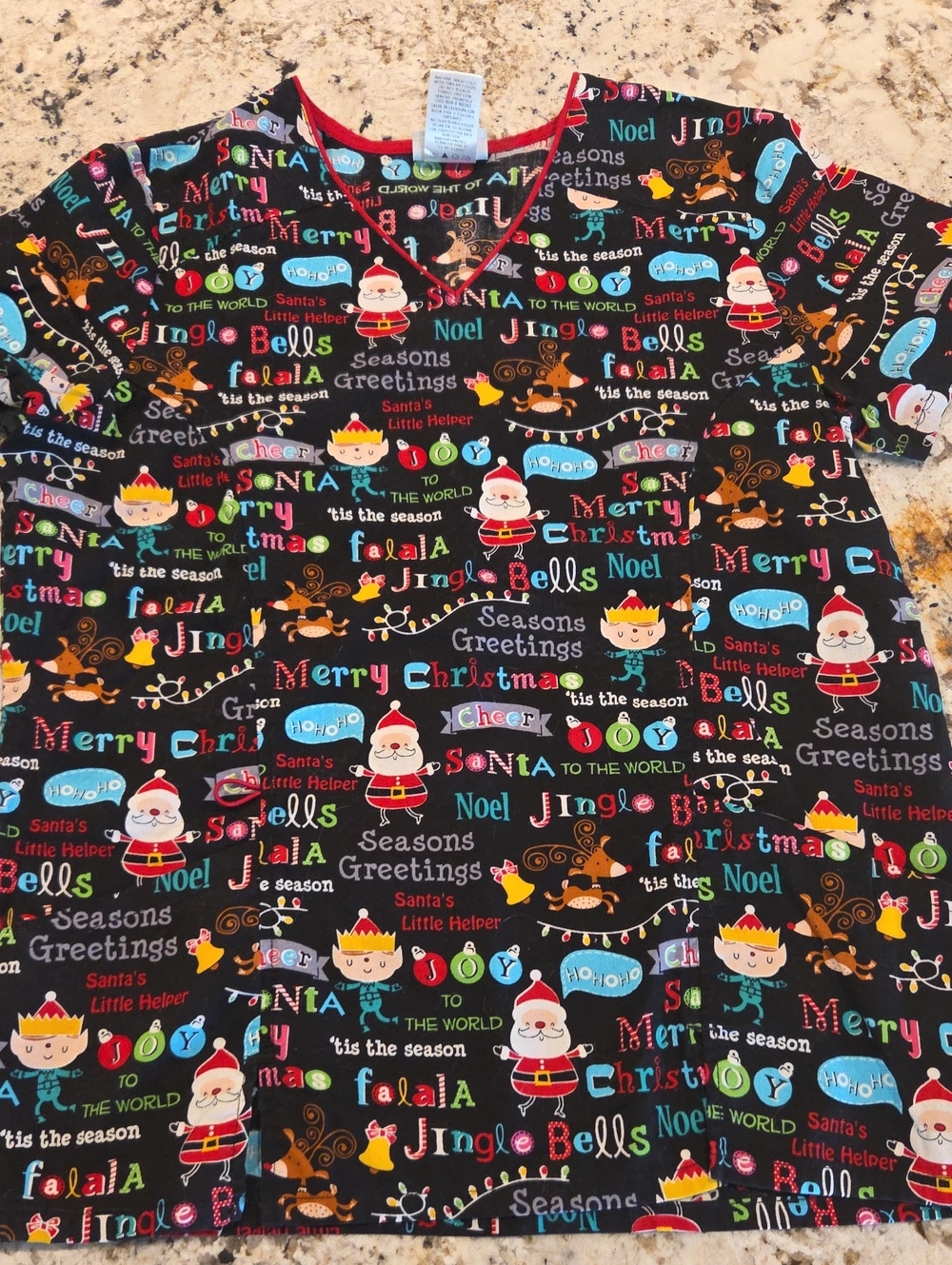 Christmas Print V-Neck Scrub Top - Black Multi Holiday Characters